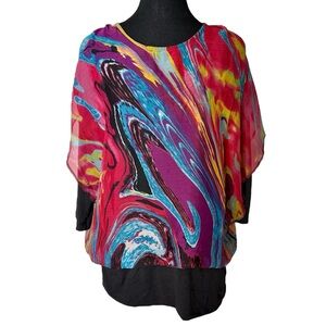 LEOPARDS & ROSES Multicolour Colourful Blouse Top Tunic Sheer Chiffon Med Large